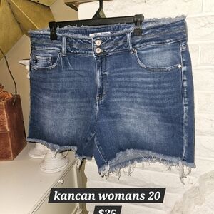 KanCan Distressed High-Rise Frayed Hem Denim Shorts in Medium Blue